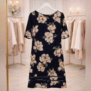 LE LIS Navy Floral Shift Dress XL Cream Hibiscus Print Short Sleeve Boutique